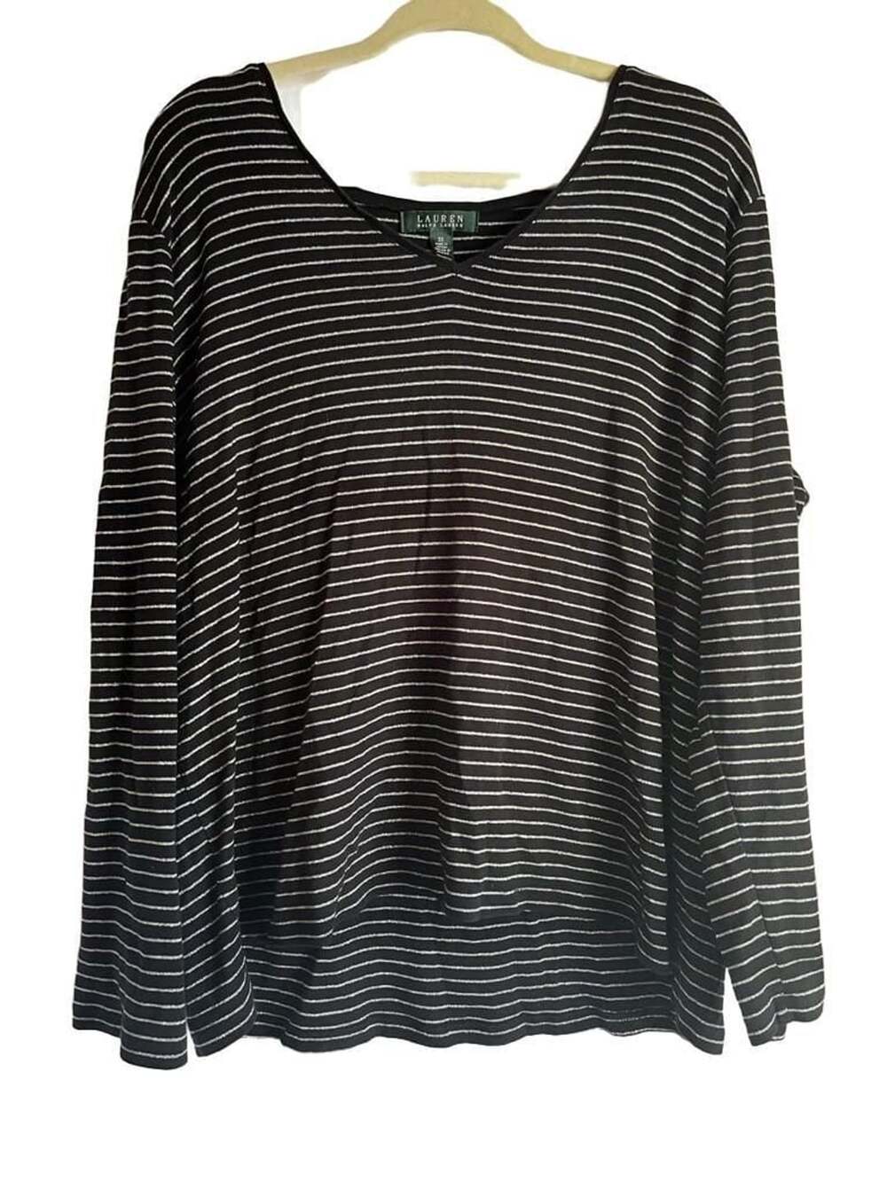 LAUREN RALPH LAUREN Long Sleeve V-Neck Top Size 3X Black Striped